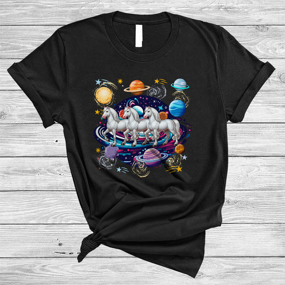 MacnyStore - Three Cute Horses In Space Galaxy, Adorable Horse Lover, Matching Farming Farmer Group T-Shirt
