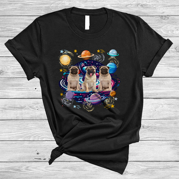 MacnyStore - Three Cute Pugs In Space Galaxy, Adorable Pug Lover, Matching Friends Family Group T-Shirt