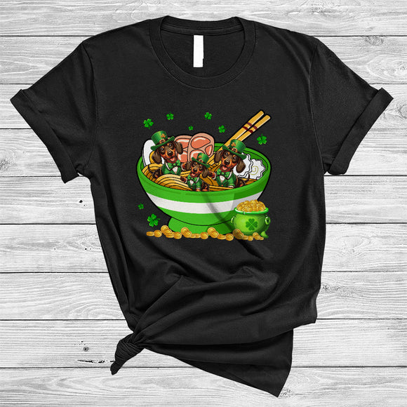 MacnyStore - Three Dachshund In Ramen Bowl, Awesome St. Patrick's Day Dachshund Shamrock, Japanese Food Lover T-Shirt