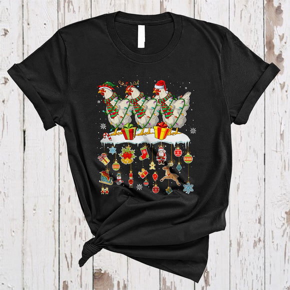 MacnyStore - Three ELF Reindeer Santa Chickens, Lovely Christmas Farm Farmer, Snow Around X-mas T-Shirt