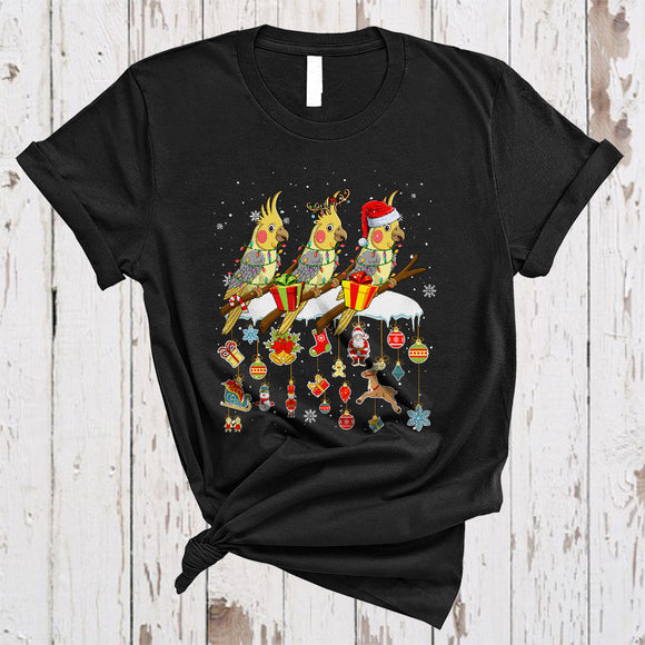 MacnyStore - Three ELF Reindeer Santa Cockatiel Birds, Lovely Christmas Bird Lover, Snow Around X-mas T-Shirt