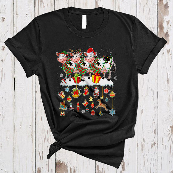 MacnyStore - Three ELF Reindeer Santa Cows, Lovely Christmas Farm Farmer, Snow Around X-mas T-Shirt
