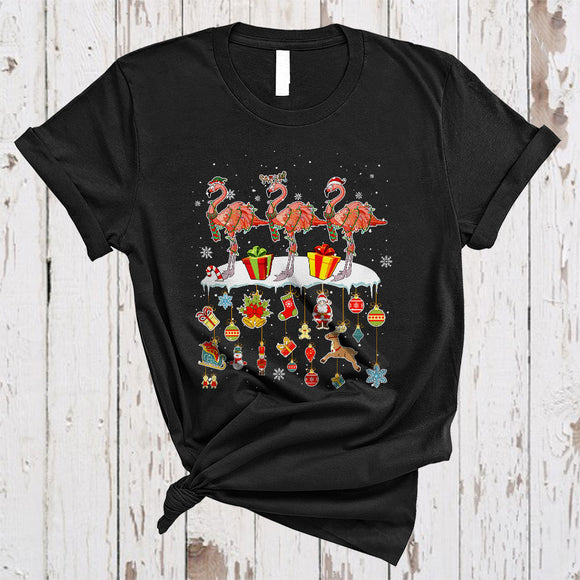 MacnyStore - Three ELF Reindeer Santa Flamingos, Lovely Christmas Farm Farmer, Snow Around X-mas T-Shirt