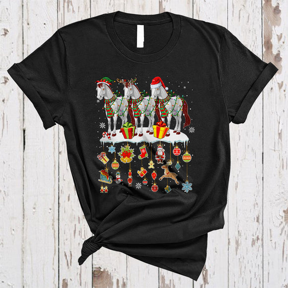 MacnyStore - Three ELF Reindeer Santa Horses, Lovely Christmas Farm Farmer, Snow Around X-mas T-Shirt