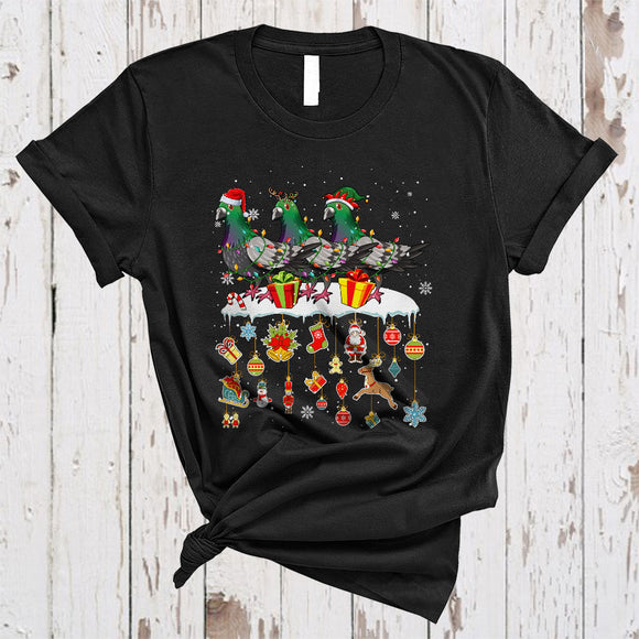 MacnyStore - Three ELF Reindeer Santa Pigeon Birds, Lovely Christmas Bird Lover, Snow Around X-mas T-Shirt
