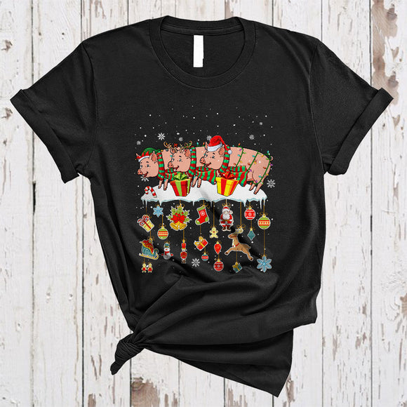 MacnyStore - Three ELF Reindeer Santa Pigs, Lovely Christmas Farm Farmer, Snow Around X-mas T-Shirt