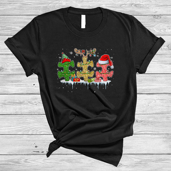 MacnyStore - Three ELF Reindeer Santa Puzzle Pieces, Colorful Christmas Autism Awareness, X-mas Lights T-Shirt