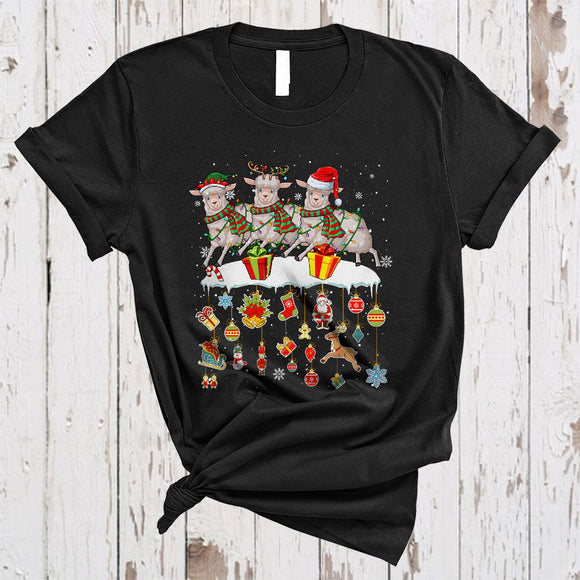 MacnyStore - Three ELF Reindeer Santa Sheep, Lovely Christmas Farm Farmer, Snow Around X-mas T-Shirt