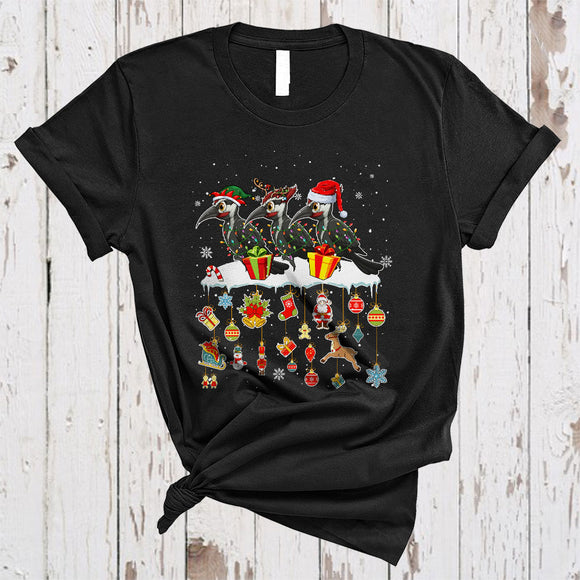 MacnyStore - Three ELF Reindeer Santa Woodpecker Birds, Lovely Christmas Bird Lover, Snow Around X-mas T-Shirt