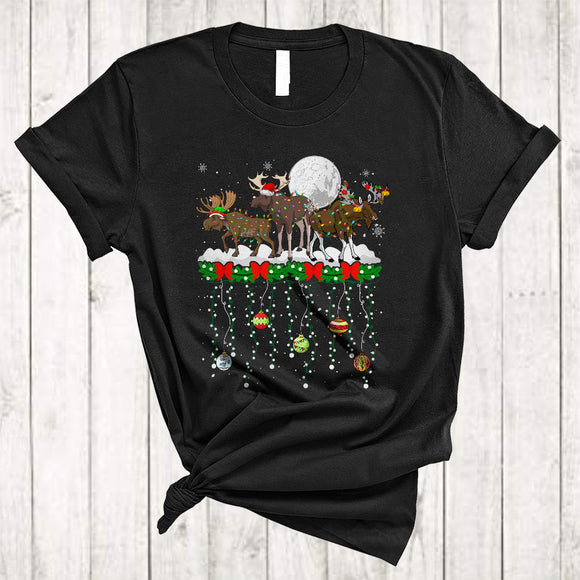 MacnyStore - Three ELF Santa Reindeer Moose Cute Merry Xmas Lights Snow Moose Animal Lover T-Shirt