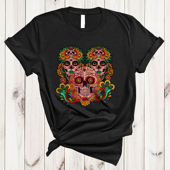 MacnyStore - Three Floral Skulls, Colorful Funny Dia De Los Muertos Mexican Sugar Skull, Family Group T-Shirt