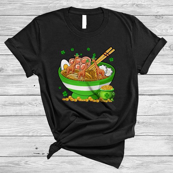 MacnyStore - Three Giraffe In Ramen Bowl, Awesome St. Patrick's Day Giraffe Shamrock, Japanese Food Lover T-Shirt