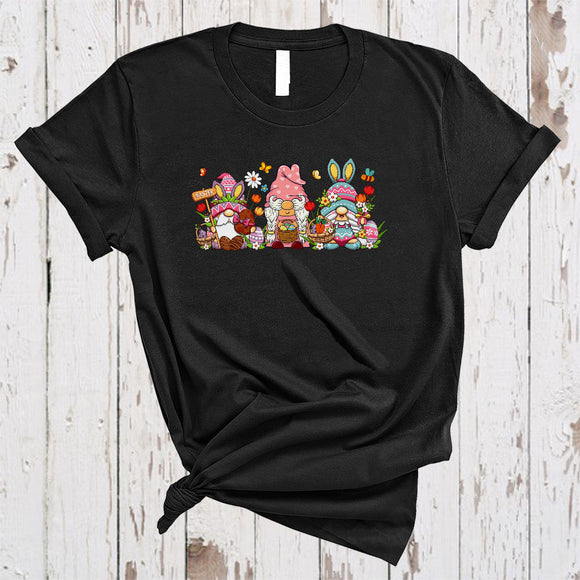 MacnyStore - Three Gnomes Holding Easter Eggs Carrot Chocolate, Lovely Easter Gnomies Squad, Egg Hunt Group T-Shirt