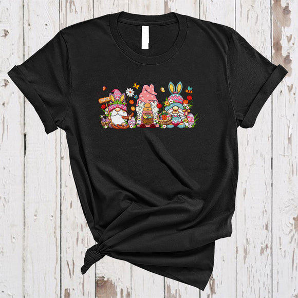 MacnyStore - Three Gnomes Holding Easter Eggs Carrot Sausage, Lovely Easter Gnomies Squad, Egg Hunt Group T-Shirt