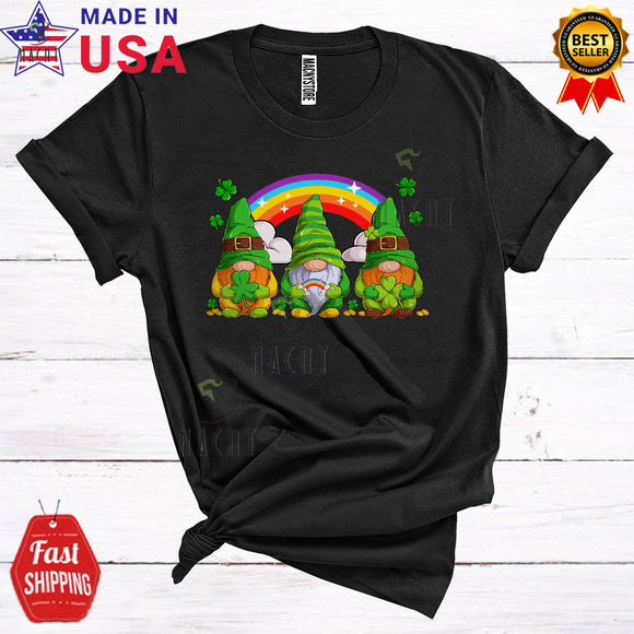 MacnyStore - Three Gnomes Holding Shamrocks Funny Cute St. Patrick's Day Lucky Gnomes Squad Lover T-Shirt