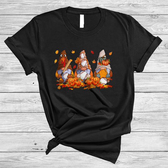 MacnyStore - Three Gnomes Playing Baseball, Awesome Thanksgiving Gnomies Sport Team, Fall Leaf Pumpkin T-Shirt