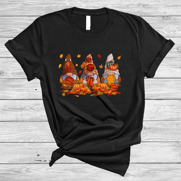 MacnyStore - Three Gnomes Playing Basketball, Awesome Thanksgiving Gnomies Sport Team, Fall Leaf Pumpkin T-Shirt