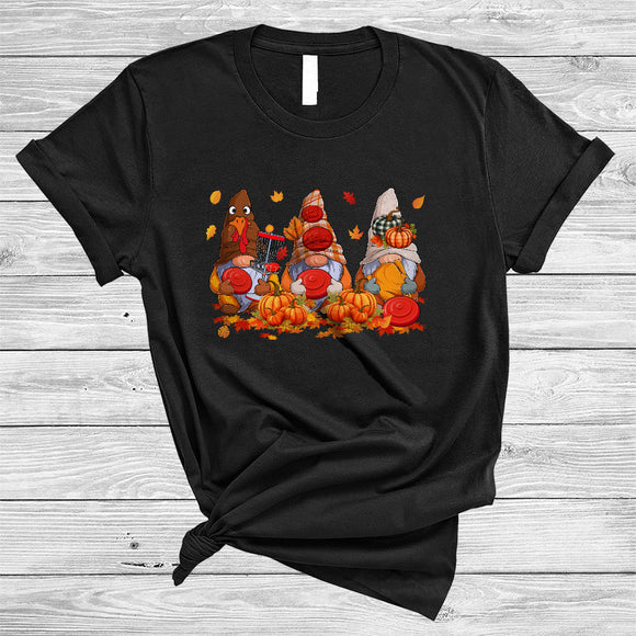 MacnyStore - Three Gnomes Playing Disc Golf, Awesome Thanksgiving Gnomies Sport Team, Fall Leaf Pumpkin T-Shirt