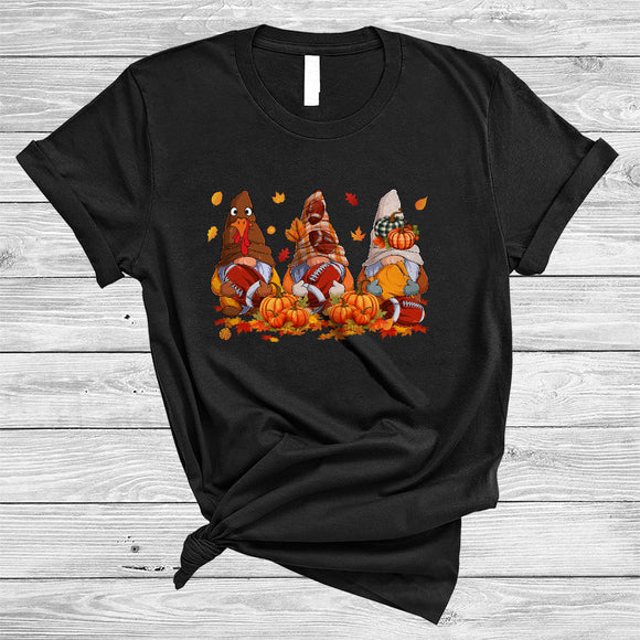 MacnyStore - Three Gnomes Playing Football, Awesome Thanksgiving Gnomies Sport Team, Fall Leaf Pumpkin T-Shirt