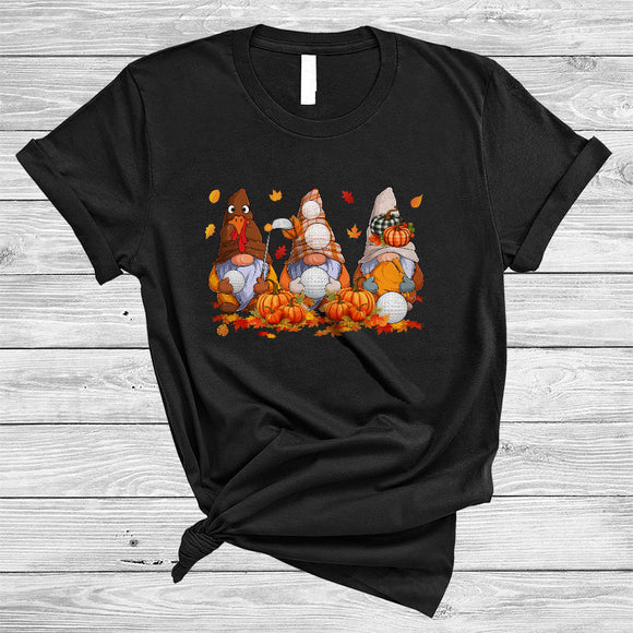 MacnyStore - Three Gnomes Playing Golf, Awesome Thanksgiving Gnomies Sport Team, Fall Leaf Pumpkin T-Shirt