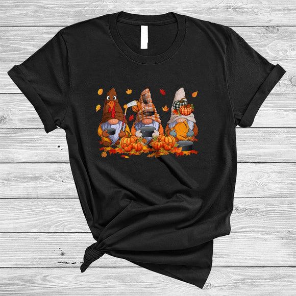 MacnyStore - Three Gnomes Playing Hockey, Awesome Thanksgiving Gnomies Sport Team, Fall Leaf Pumpkin T-Shirt
