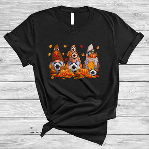 MacnyStore - Three Gnomes Playing Soccer, Awesome Thanksgiving Gnomies Sport Team, Fall Leaf Pumpkin T-Shirt