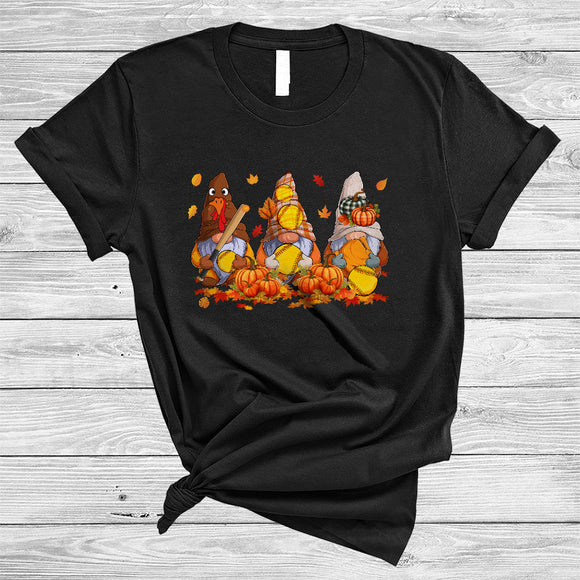 MacnyStore - Three Gnomes Playing Softball, Awesome Thanksgiving Gnomies Sport Team, Fall Leaf Pumpkin T-Shirt