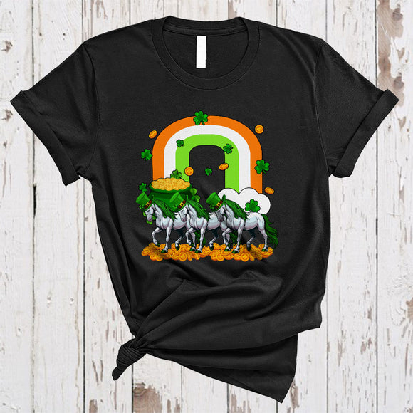 MacnyStore - Three Horse With Rainbow, Awesome St. Patrick's Day Rainbow Shamrock, Irish Farmer Group T-Shirt