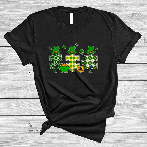 MacnyStore - Three Leopard Plaid Autism Puzzle Pieces, Lovely St. Patrick's Day Autism Awareness, Shamrock T-Shirt