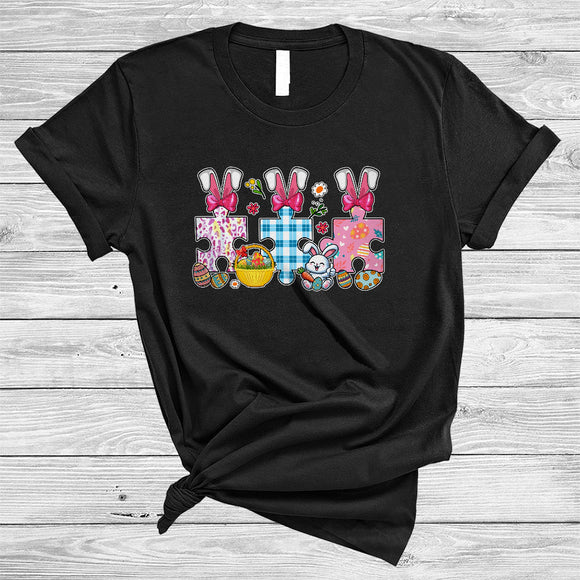 MacnyStore - Three Leopard Plaid Floral Autism Puzzle Pieces Bunnies, Lovely Easter Autism Awareness, Egg Hunt T-Shirt
