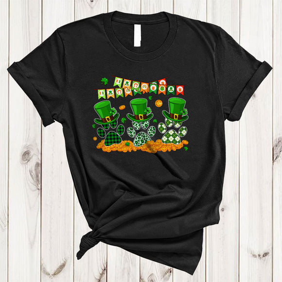 MacnyStore - Three Leopard Plaid Leprechaun Dog Paws, Joyful St. Patrick's Day Shamrocks, Animal Lover T-Shirt