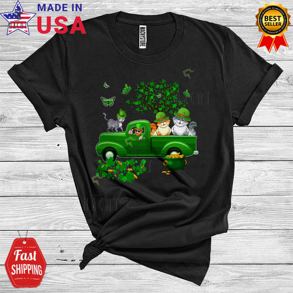MacnyStore - Three Leprechaun Cats On Green Pickup Truck Cool Cute St. Patrick's Day Shamrock Cat Owner Lover T-Shirt
