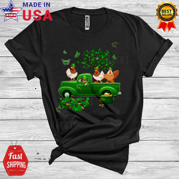 MacnyStore - Three Leprechaun Chickens On Green Pickup Truck Cool Cute St. Patrick's Day Shamrock Farmer Lover T-Shirt