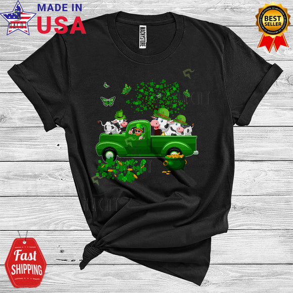 MacnyStore - Three Leprechaun Cows On Green Pickup Truck Cool Cute St. Patrick's Day Shamrock Farmer Lover T-Shirt