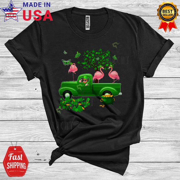 MacnyStore - Three Leprechaun Flamingos On Green Pickup Truck Cool Cute St. Patrick's Day Shamrock Farmer Lover T-Shirt