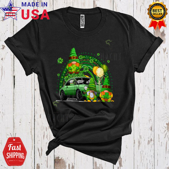 MacnyStore - Three Leprechaun Gnomes With Classic Car Cute Cool St. Patrick's Day Shamrock Rainbow Gnomes T-Shirt