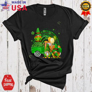 MacnyStore - Three Leprechaun Gnomes With Pickup Truck Cute Cool St. Patrick's Day Shamrock Rainbow Gnomes T-Shirt