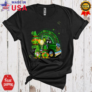 MacnyStore - Three Leprechaun Gnomes With Truck Cute Cool St. Patrick's Day Shamrock Rainbow Gnomes T-Shirt