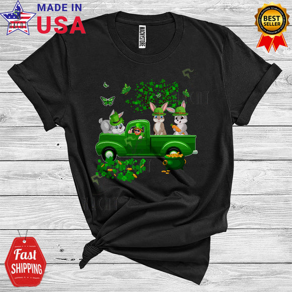 MacnyStore - Three Leprechaun Rabbits On Green Pickup Truck Cool Cute St. Patrick's Day Shamrock Farmer Lover T-Shirt