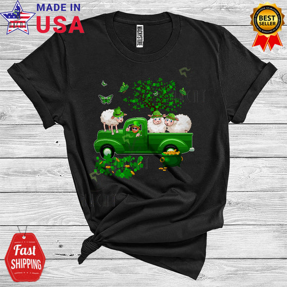 MacnyStore - Three Leprechaun Sheep On Green Pickup Truck Cool Cute St. Patrick's Day Shamrock Farmer Lover T-Shirt