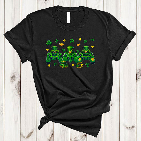 MacnyStore - Three Leprechaun Video Game Controllers, Joyful St. Patrick's Day Shamrock, Gamer Squad T-Shirt