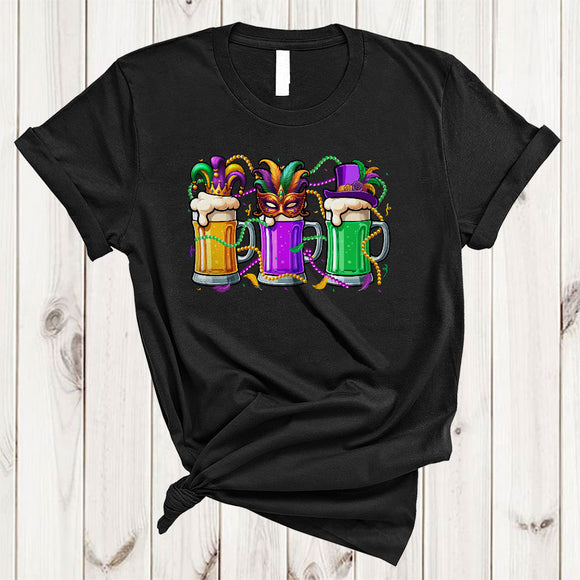 MacnyStore - Three Mardi Gras Beer Glasses, Humorous Mardi Gras Beads Drinking, Festival Parade Group T-Shirt