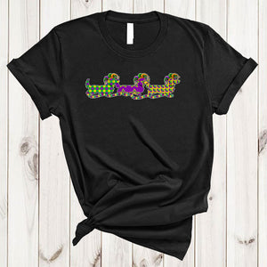 MacnyStore - Three Mardi Gras Dachshund With Beads, Awesome Cute Dachshund Wearing Jester Hat, Parade Group T-Shirt