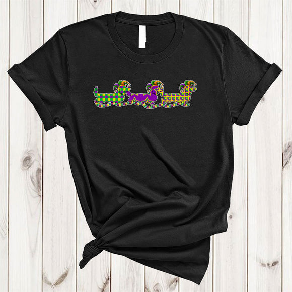 MacnyStore - Three Mardi Gras Dachshund With Beads, Awesome Cute Dachshund Wearing Jester Hat, Parade Group T-Shirt