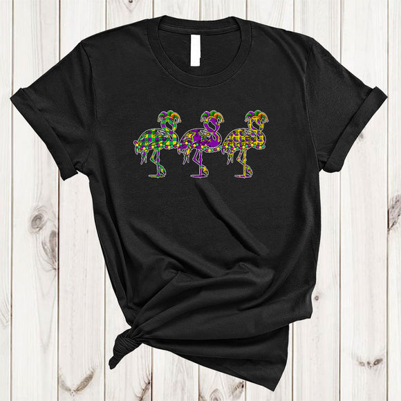 MacnyStore - Three Mardi Gras Flamingo With Beads, Awesome Cute Flamingo Wearing Jester Hat, Parade Group T-Shirt