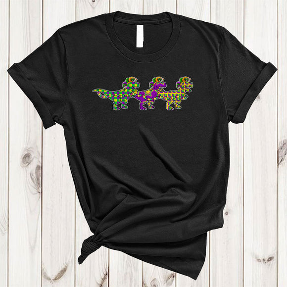 MacnyStore - Three Mardi Gras T-Rex With Beads, Awesome Cute T-Rex Wearing Jester Hat, Parade Group T-Shirt