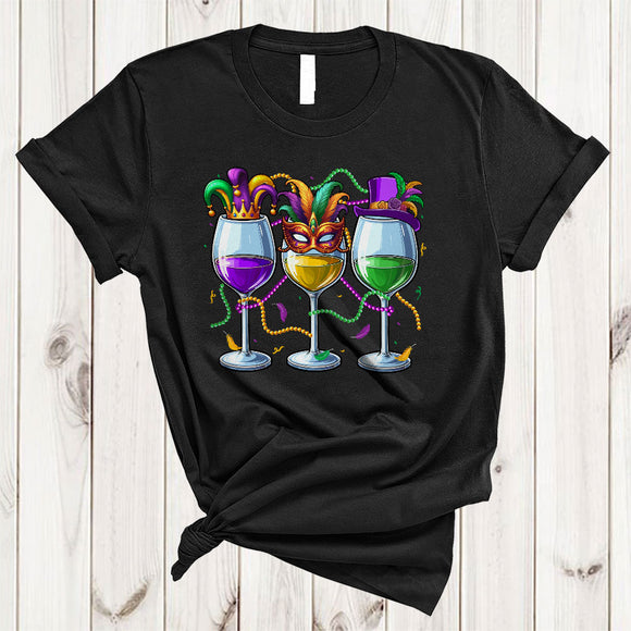 MacnyStore - Three Mardi Gras Wine Glasses, Humorous Mardi Gras Beads Drinking, Festival Parade Group T-Shirt