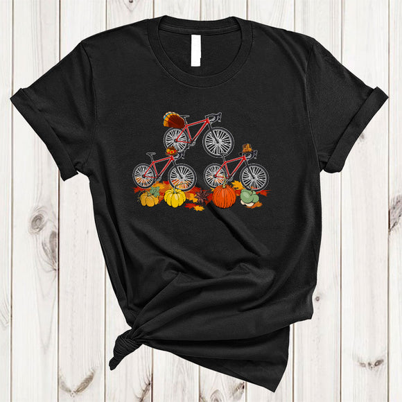 MacnyStore - Three Pilgrim Turkey Bicycle, Cute Awesome Thanksgiving Bicycle Rider, Fall Leaf Pumpkin T-Shirt