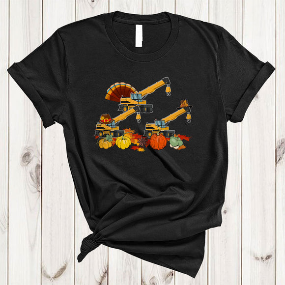MacnyStore - Three Pilgrim Turkey Crane Truck, Cute Awesome Thanksgiving Crane Truck Driver, Fall Leaf Pumpkin T-Shirt