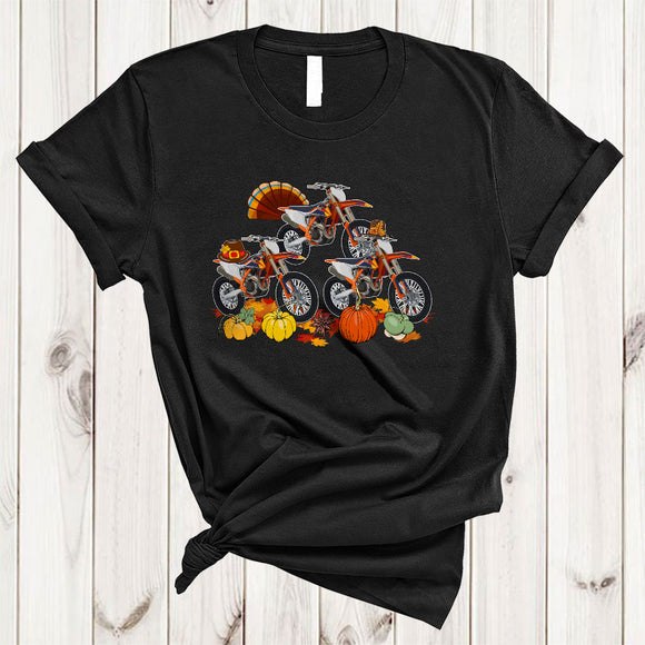MacnyStore - Three Pilgrim Turkey Dirt Bike, Cute Awesome Thanksgiving Dirt Bike Rider, Fall Leaf Pumpkin T-Shirt